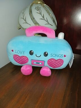 Retro 80s Kawaii Blue & Pink 'Love Songs' Plush Boombox Stuffed Animal Decor